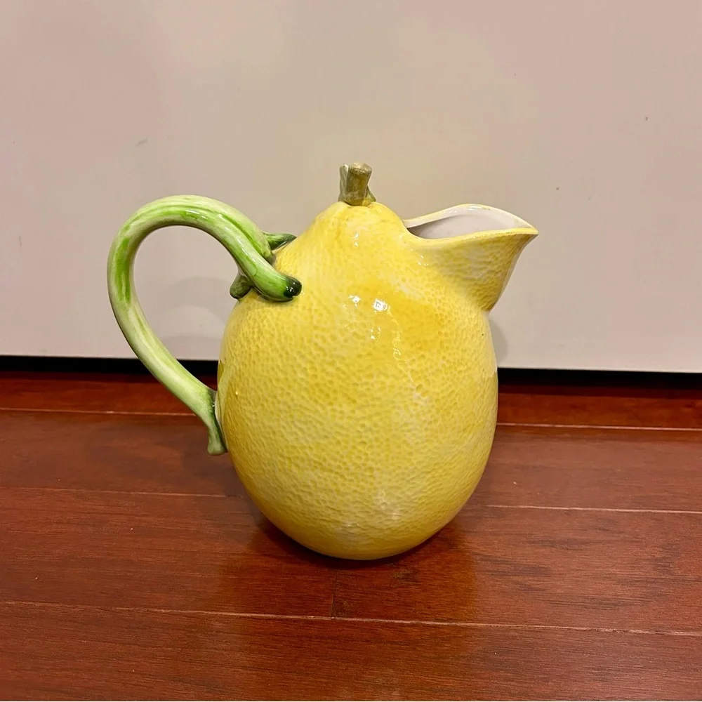 Vintage Ceramic Lemon Pitcher Green Leaf Handle Crafted in Japan hand painted